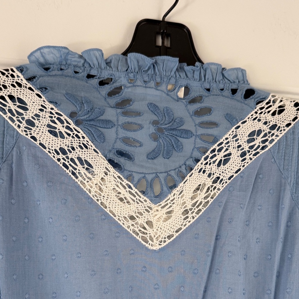 LoveShackFancy Blue Mini Dress with White Lace Trim - Picture 6 of 7